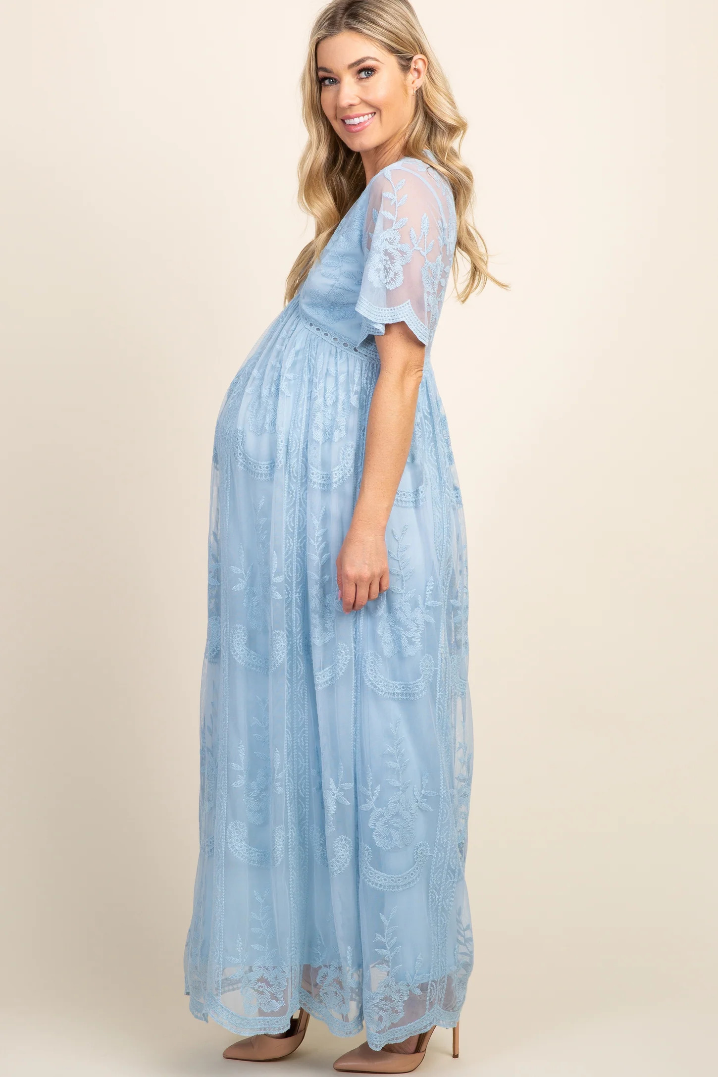 PinkBlush Light Blue Lace Mesh Overlay Maternity Maxi Dress | PinkBlush Maternity