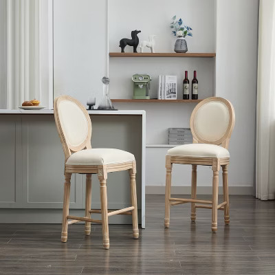 MOEPISY Set of 2 Solid Wood Beige Bar Stools, Classic French Country Wooden Barstools with Upholstered Seating | Target
