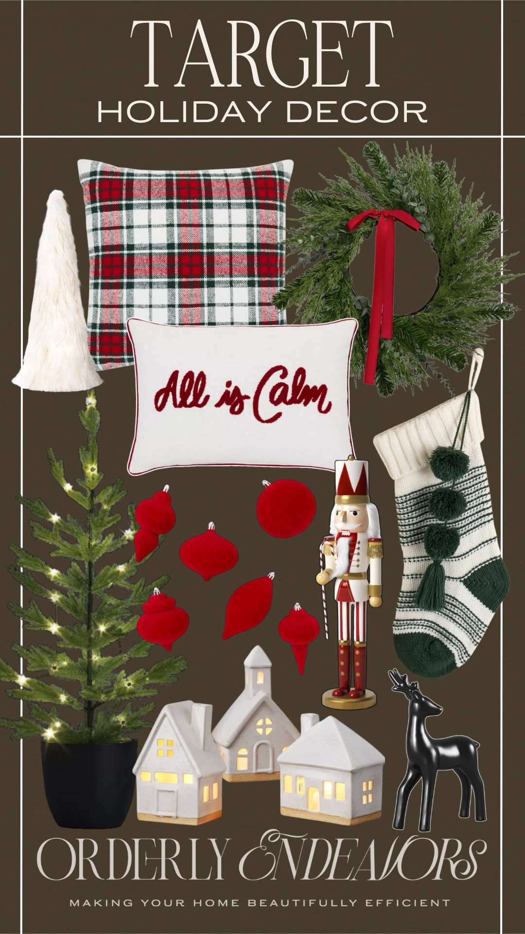 Target classic holiday decor includes throw pillows, white fur Christmas tree, stocking, flocked ornaments, Christmas village, nutcracker, black reindeer, wreath.

Holiday decor, Christmas decor, holiday home accents, looks for less 

#LTKStyleTip #LTKHome #LTKHoliday