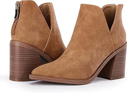 FISACE Womens Pointed Toe Stacked Mid Heel Ankle Boots V Cut Back Zipper Faux Leather Booties | Amazon (US)