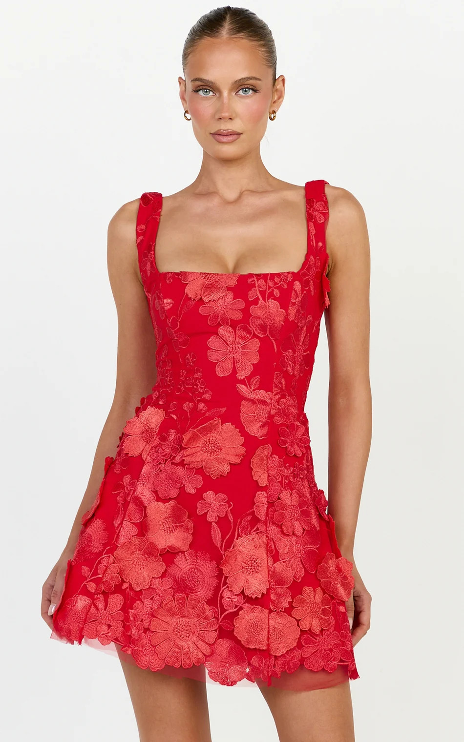 3D Floral Fit And Flare Dress in Red | Showpo (US, UK & Europe)