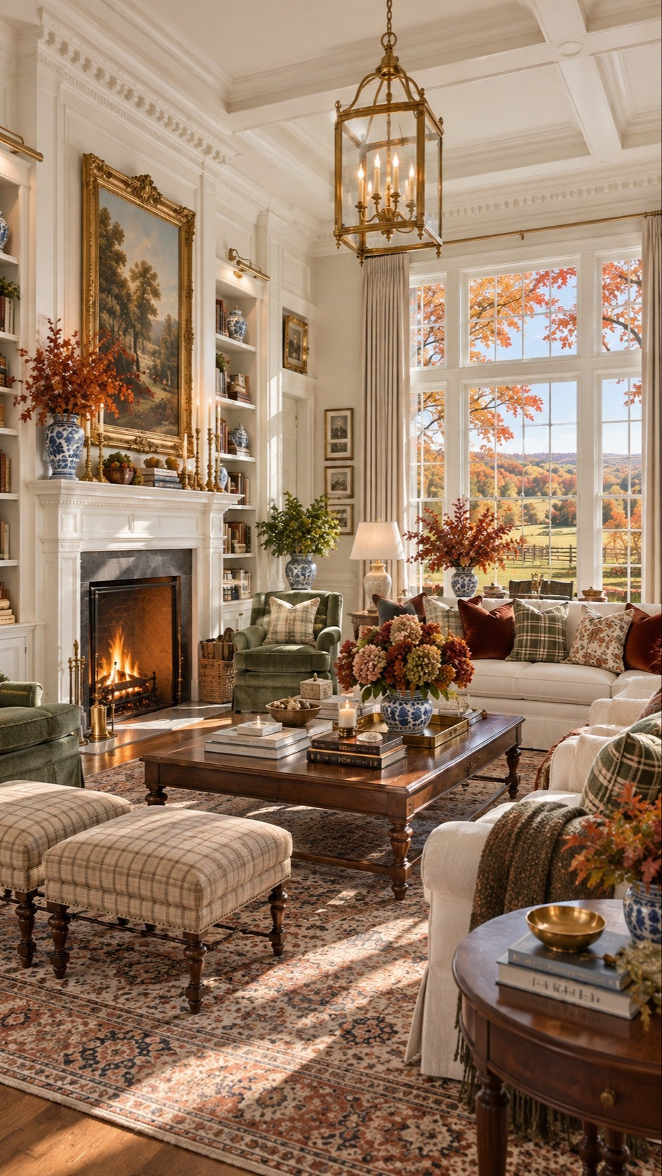 A cozy Colonial Estate living room dressed for fall 🍂 Think timeless traditional style with pinch-pleated linen curtains, rich wood coffee tables, plaid ottomans, autumn pillow covers, cozy throw blankets, chinoiserie jars & blue-and-white vases, gold picture frames, brass candle holders, and classic fall artwork. Layered rugs, warm wood tones, traditional upholstery, and autumn foliage bring that collected English country meets Colonial estate feel that makes a room feel elegant but still incredibly inviting. 🤎🏡
Shop the look for traditional home decor, colonial style furniture, fall decorating, classic living room decor, blue and white chinoiserie, linen curtains, plaid accents, autumn accessories, cozy throws, decorative pillows, brass decor, gold frames, coffee tables, and timeless estate-inspired interiors.
#ColonialStyle #TraditionalHome #FallHomeDecor #BlueAndWhiteDecor #EnglishCountryStyle 

 #LTKSeasonal #LTKHome