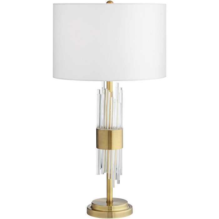 Possini Euro Design Mid Century Modern Table Lamp Brass Clear Glass Tube White Drum Shade Living ... | Target