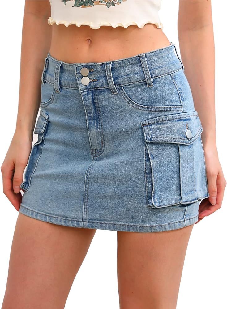 Low Waist Cargo Skirt Women Button Mini Cargo Denim Skirt with Pocket Mini Skirt | Amazon (US)