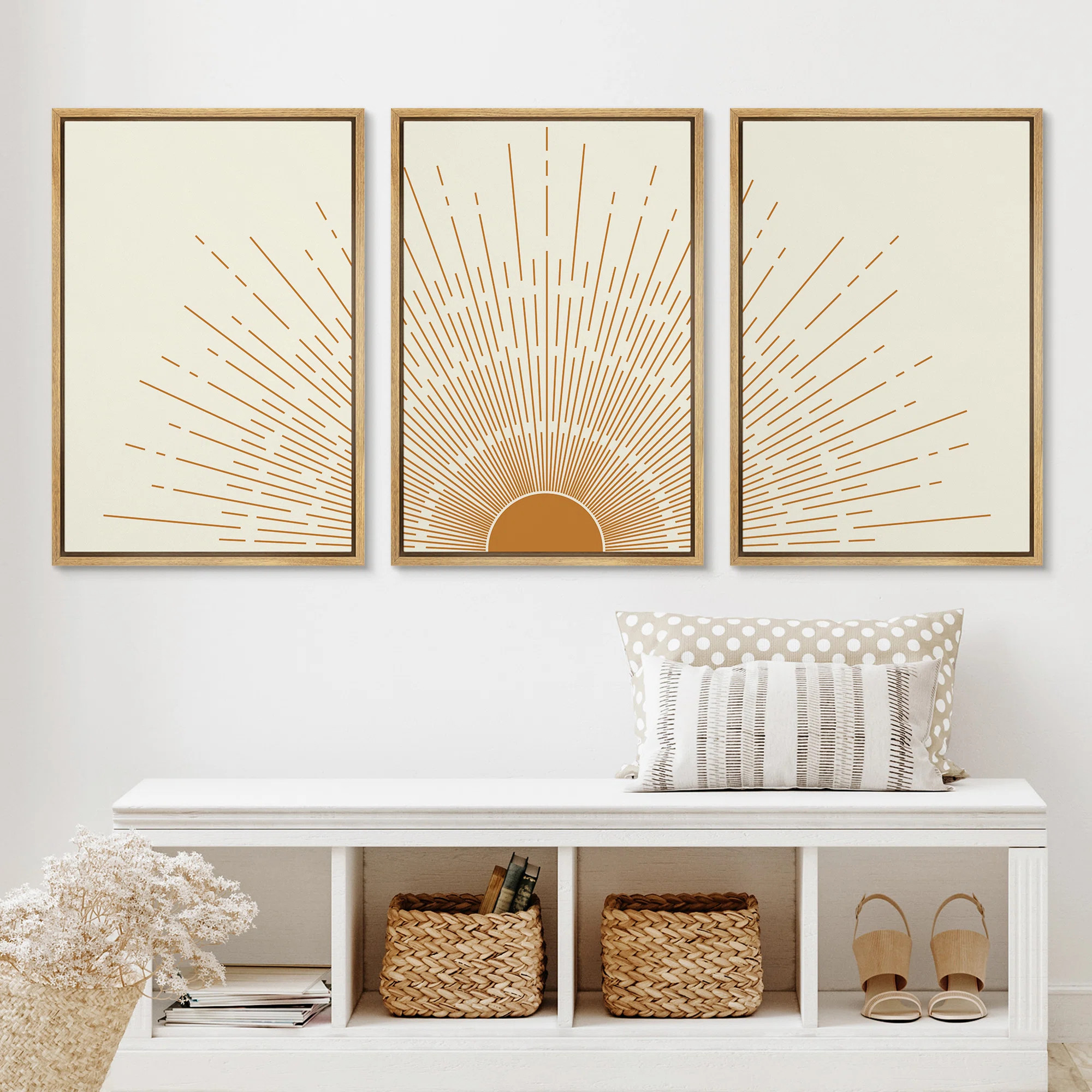 IDEA4WALL Bright Mid-Century Modern Orange Minimal Sun ShineArt Boho Decor Framed Canvas 3 Pieces... | Wayfair North America