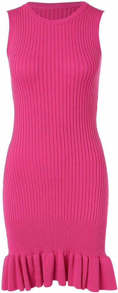 Women's Ribbed Ruffle Dress Knit Sleeveless Ruffle Hem Mini Bodycon Summer Vacation Sweater Dress | Amazon (US)