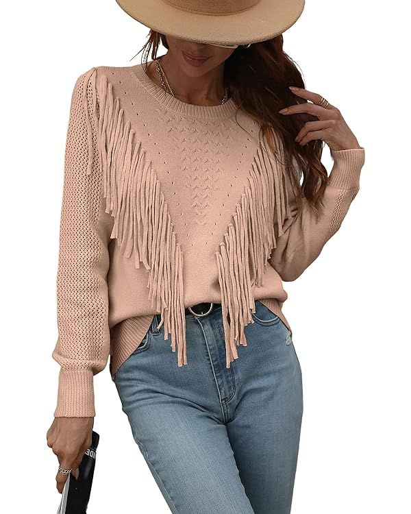 chouyatou Women's Casual Crewneck Fringe Tassel Knitted Pullover Sweater Jumper Tops | Amazon (US)