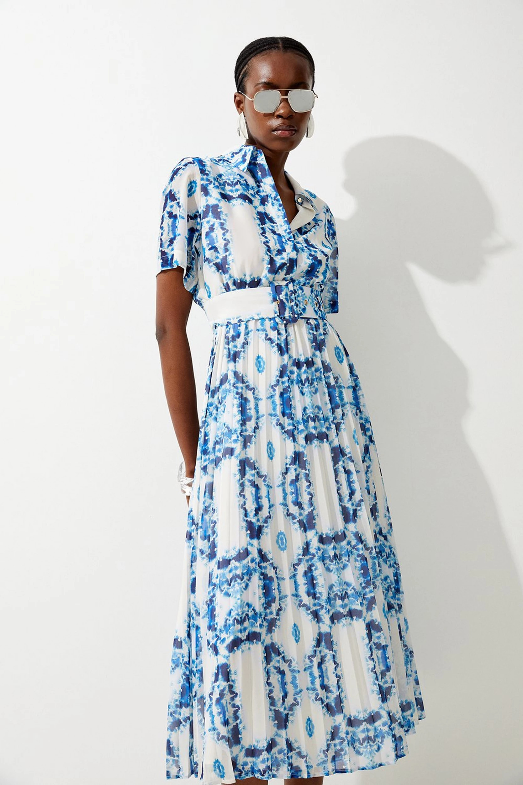 Abstract Tile Georgette Pleated Midi Shirt Dress | Karen Millen US