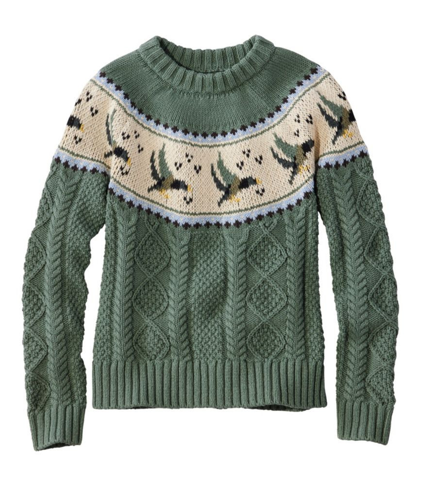 Women's Signature Cotton Fisherman Sweater, Crewneck Novelty Sea Green Duck Fair Isle Extra Small, Cotton/Yarns L.L.Bean | L.L. Bean