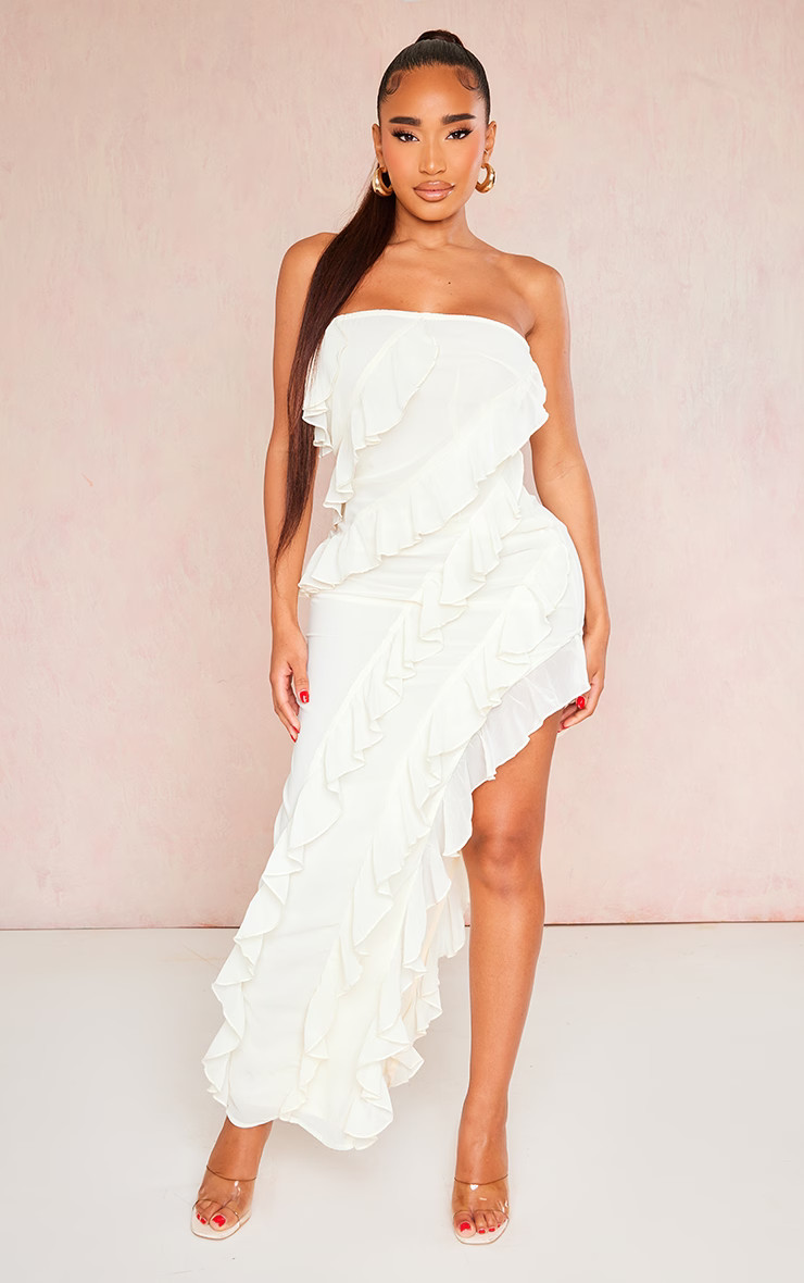 Shape Cream Woven Frill Edge Bandeau Split Leg Maxi Dress | PrettyLittleThing US