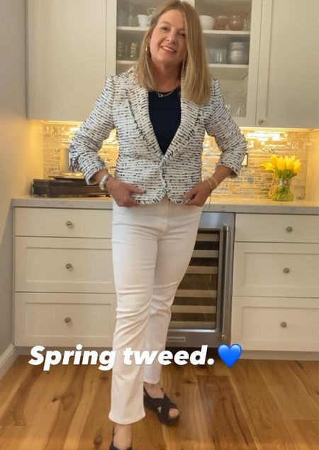 Tweed blazers are a fun spring staple. It’s classy and elegant. I like this one in navy and white for its versatility. The sleeves are permanently ruched, easy! This is an investment piece, but I found several economical versions that are nice substitutes.  Runs TTS. 

#LTKstyletip #LTKSeasonal