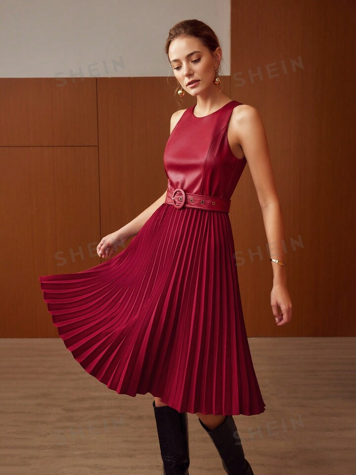 MOTF PREMIUM BELTED PLEATED DRESS | SHEIN