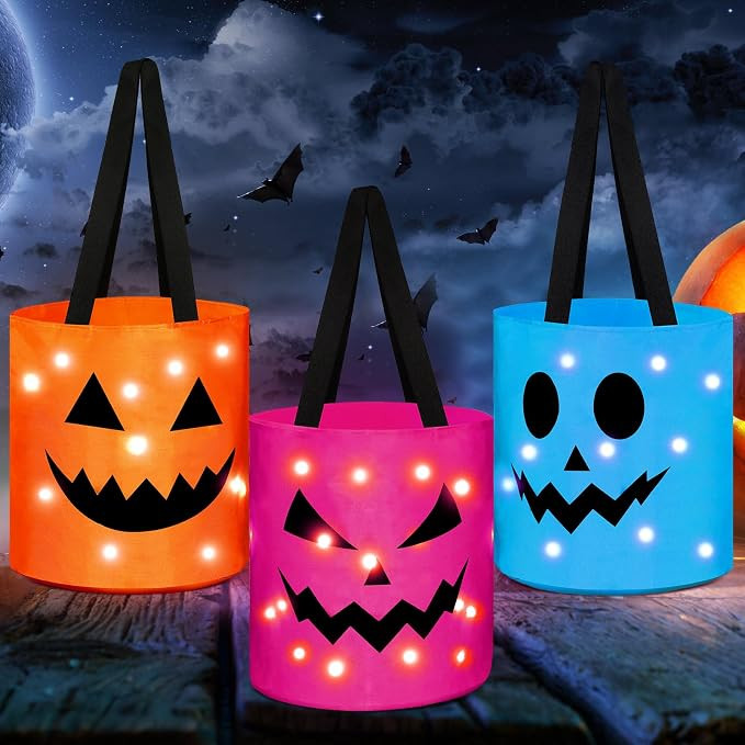Sadnyy 3 Pcs Halloween Trick or Treat Bags Light up for Kids Pumpkin Candy Bucket LED Halloween T... | Amazon (US)