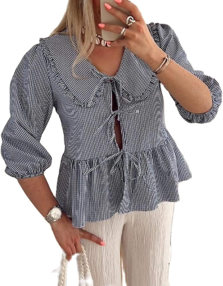 Women Y2k Puff Sleeve Peplum Shirts Bow Tie Front Blouse Flared Ruffle Hem Babydoll Tops Cute Sum... | Amazon (US)