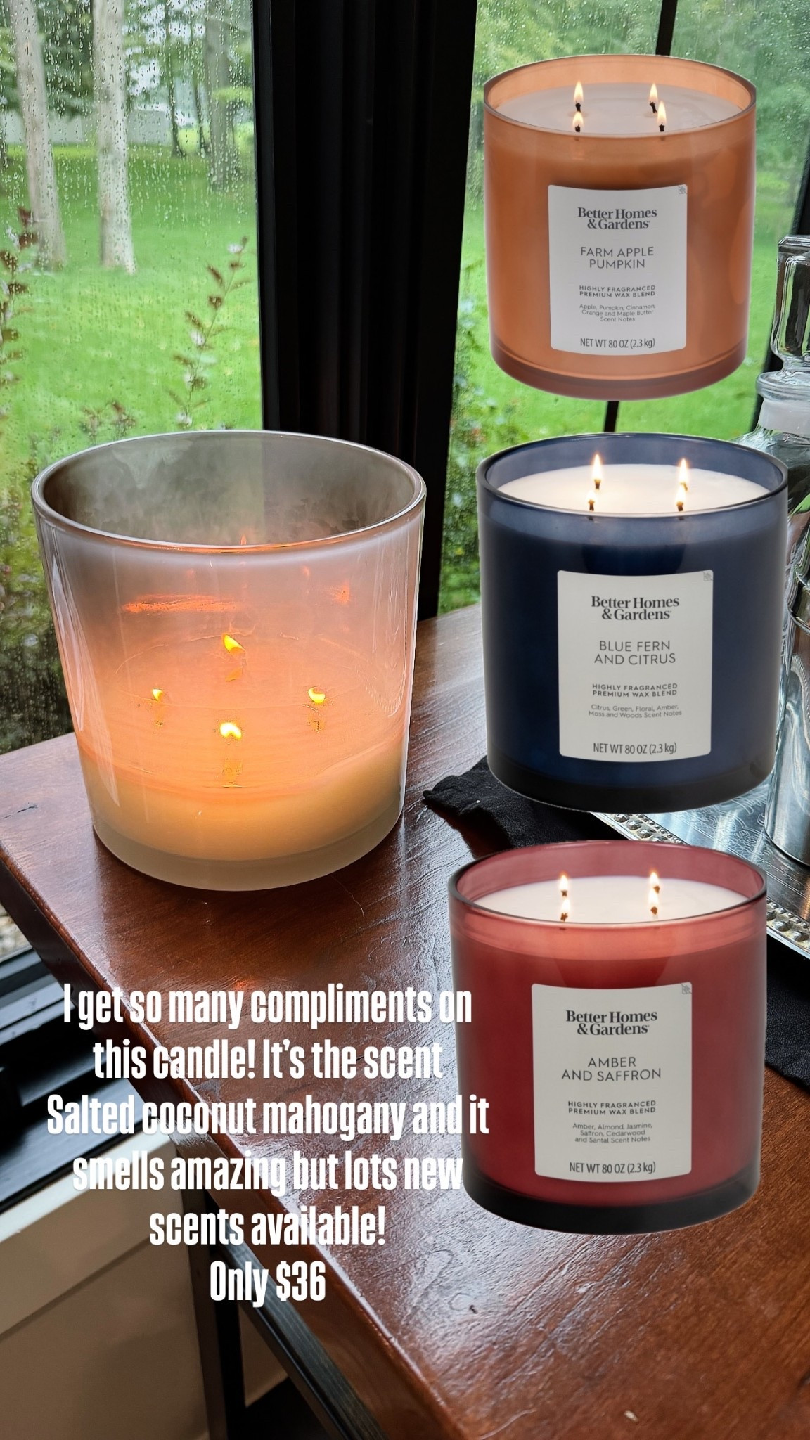 I get so many compliments on this candle! It’s the scent 
Salted coconut mahogany and it smells amazing but lots new scents available! 
Only $36
