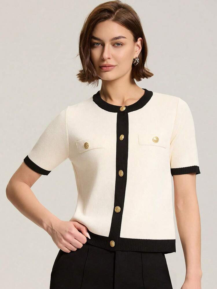 Women's Casual Contrast Color Round Neck Short Sleeve Single-Breasted Knitted Cardigan, Spring/Autumn | SHEIN