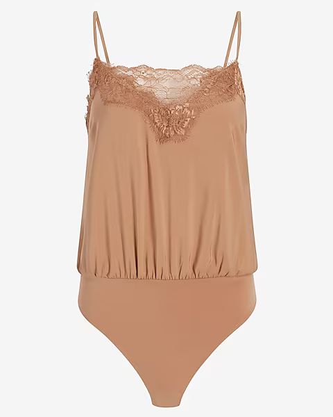 Lace Trim Satin Cami Thong Bodysuit | Express