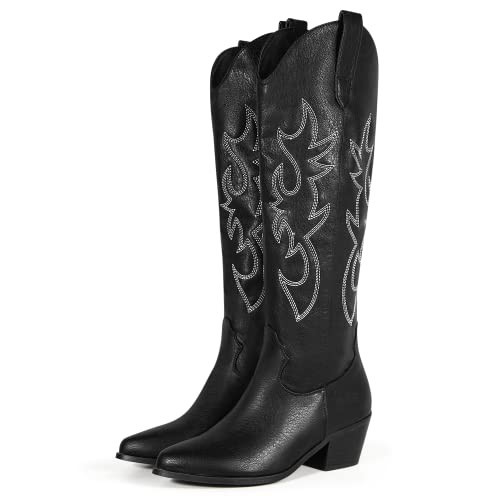 Cowgirl Boots Women Black Cowboy Boots Embroidered Pointed Toe Western Boot Chunky Heel Pull-On Wide Calf Botas Vaqueras (Black, Size 11) | Amazon (US)