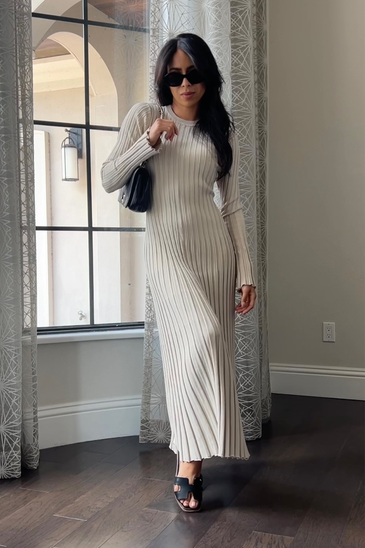 knee length dresses for ladies Acadia Diamante Long Sleeve Maxi Dress / Black | Meshki main image 1