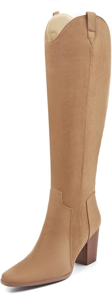 Coutgo Women's Cowboy Knee High Boots Suede Chunky Block Heel Square Toe Tall Riding Boots | Amazon (US)