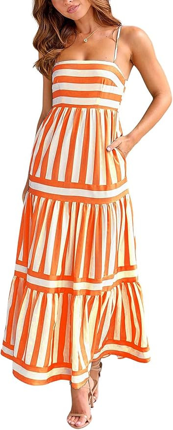 chouyatou Women Spaghetti Strap Back Smocked Maxi Striped Dress Summer Casual Floral Flowy Beach ... | Amazon (US)