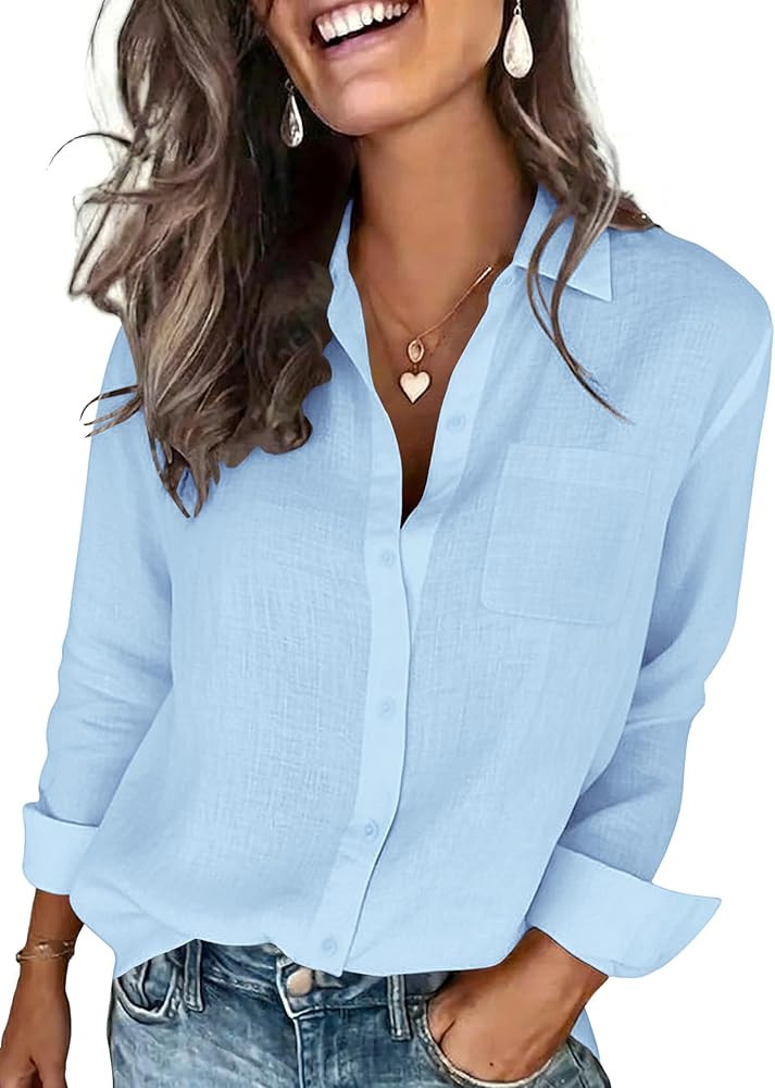 BBIBBI Womens Cotton Linen Shirt Long Sleeve Button Down Collared Blouses Casual Gauze Tops with ... | Amazon (US)