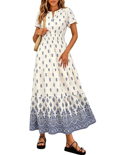 Simplee Womens Summer Boho Maxi Dress Casual V Neck Short Sleeve Dress Floral Tiered Flowy Weddin... | Amazon (US)