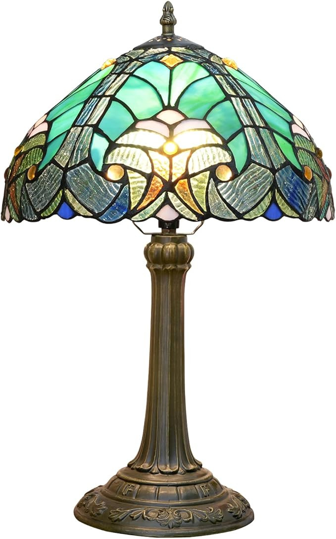 Tiffany Lamp Green Liaison Style Stained Glass Table Lamp W12H18 Inch Antique Table Lamp Metal Ba... | Amazon (US)