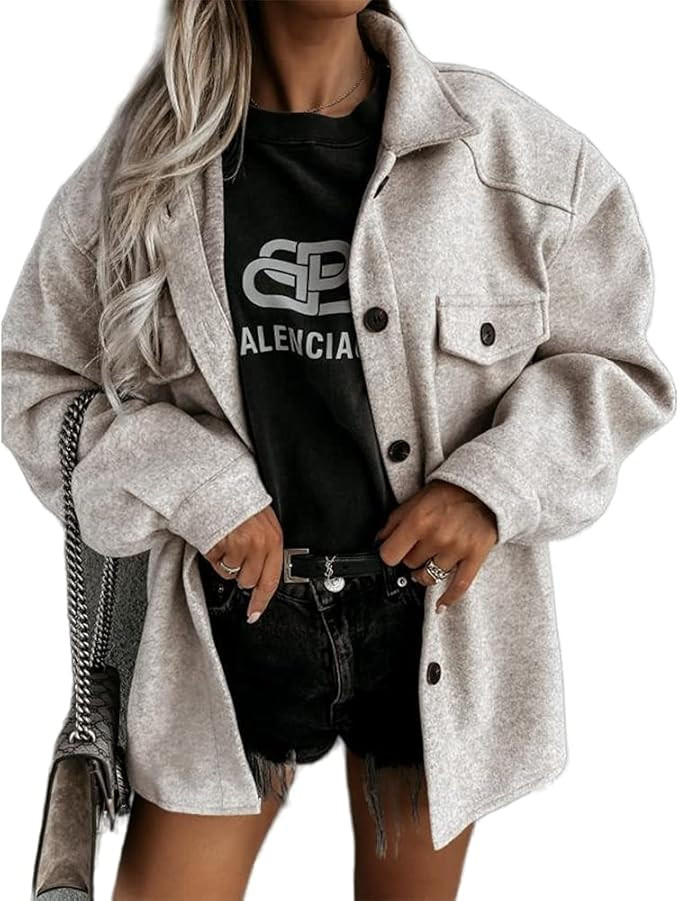 Women's Casual Lapel Long Sleeve Shirts Jacket Button Down Woolen Coat with Pockets Outwears with... | Amazon (US)