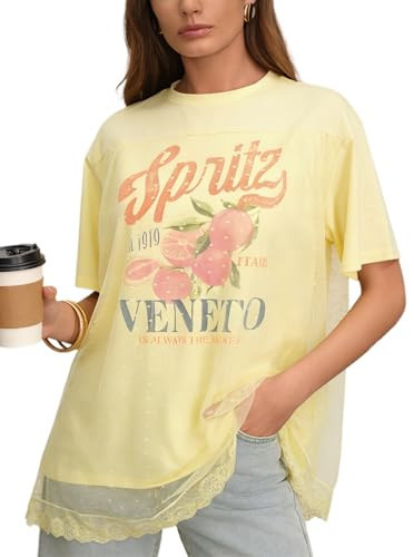 CSDAJIO Trendy Crew Neck Oversized T Shirts for Women Short Sleeve Loose Graphic Tee Summer Lace ... | Amazon (US)