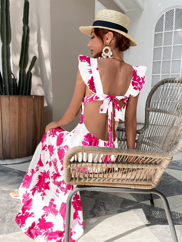 Butterfly Sleeve Ruffle Hem Allover Floral Dress | SHEIN