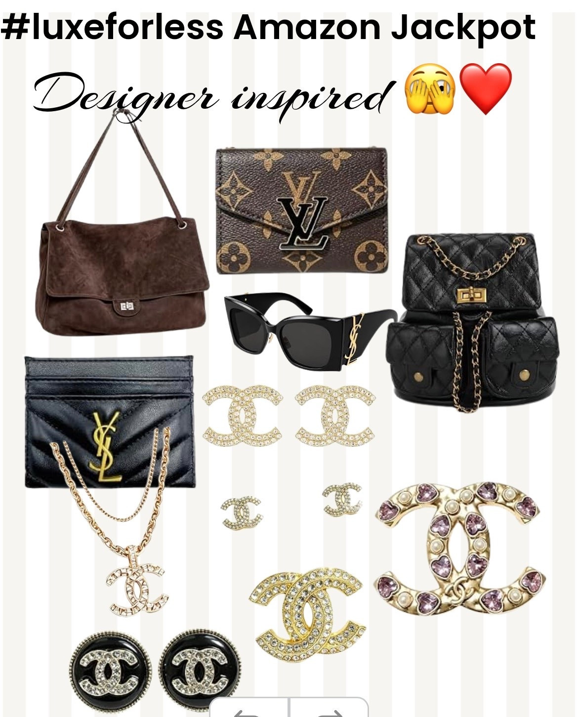 Amazon designer inspo jackpot!! 😭❤️
Designer-inspired bags, sunglasses, jewelry, and brooches — all that luxe look for a fraction of the price. Nobody has to know it didn't cost a fortune 😉
Luxe for less is the smartest way to dress. You get the classic, polished pieces you love without the guilt.
Always be confident, ladies 💋
Which one is your favorite — the quilted bag or the sunglasses?
#amazonfinds #luxeforless #designerinspired #amazonfashion #over50fashion

#LTKvlog #LTKdayinmylife #LTKgrwm