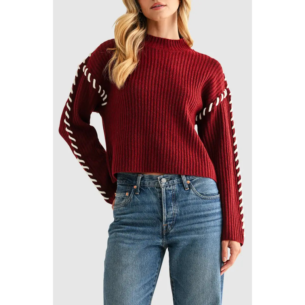 All in Favor Whipstitch Mock Neck Rib Sweater in Burgundy Ivory at Nordstrom Rack, Size Medium | Nordstrom Rack
