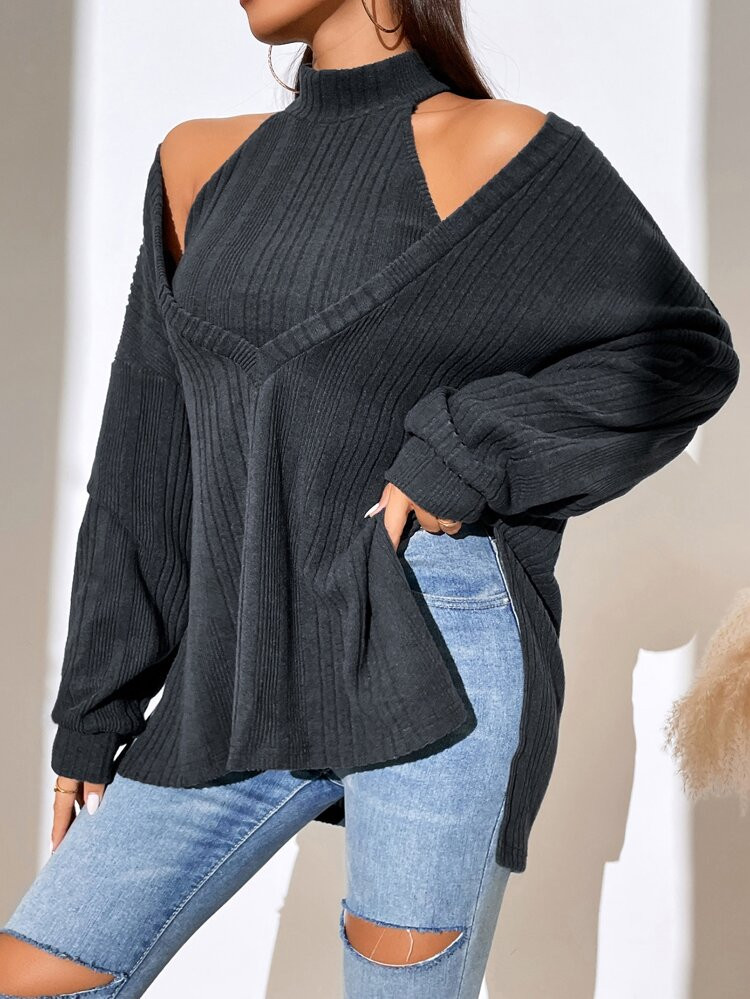 Felegant Drop Shoulder Slit Hem Top & Halter Top | SHEIN