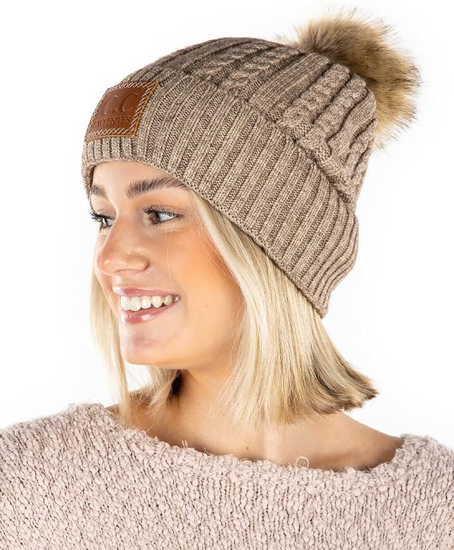 Funky Junque Women’s Beanie Warm Soft Knit Winter Thick Ribbed Faux Fur Pom Pom Hat | Amazon (US)
