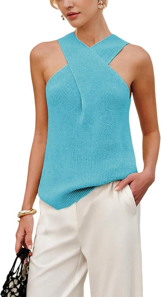 Yeokou Women Halter Cross Over Collar Tank Knit Sleeveless Top Solid Color Casual Summer Blouse | Amazon (US)