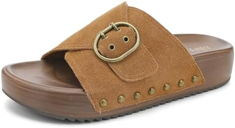 UBFEN Womens Platform Sandals Slides Genuine Leather Adjustable Buckle and Cushion Footbed Comfor... | Amazon (US)