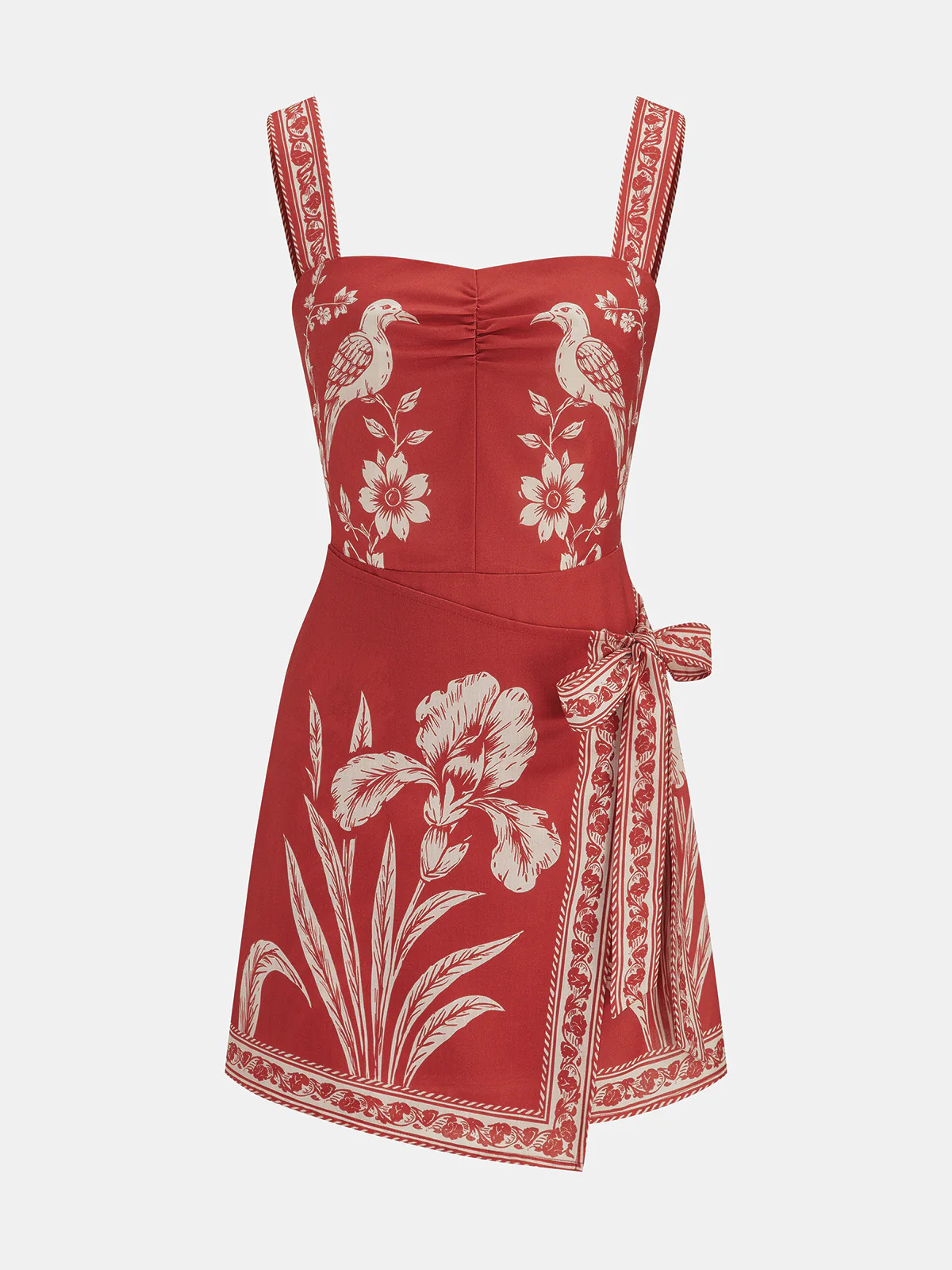 Floral Bird Print Wrap Tie Mini Dress | Commense