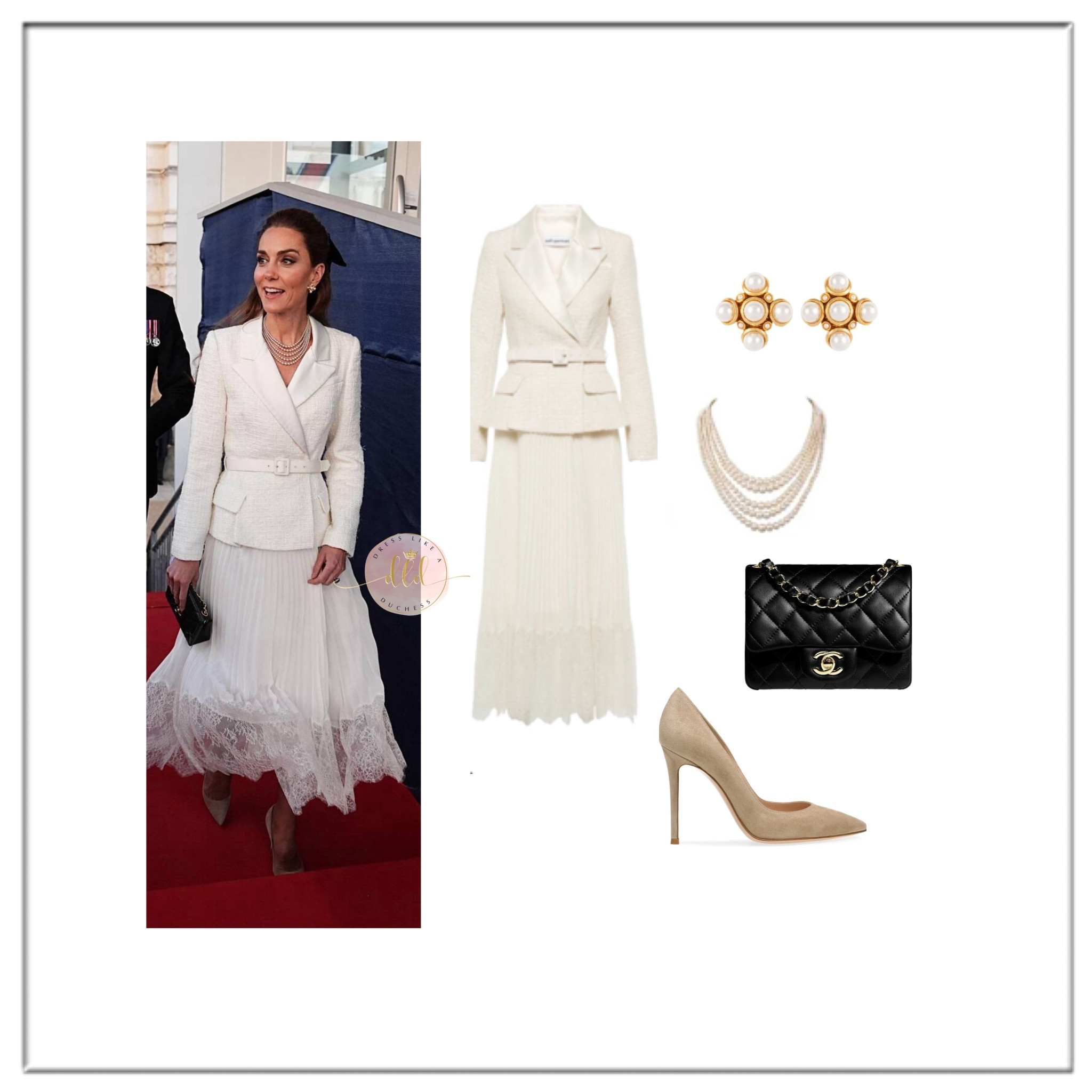Kate Middleton attending the VE Day concert in her Self-Portrait tailored boucle and chiffon midi dress in cream + Susan Caplan Vintage 5 strand faux pearl necklace + Susan Caplan Vintage Renaissance Revival Earrings + Gianvito Rossi heels in 105 bisque suede + Chanel mini flap bag 