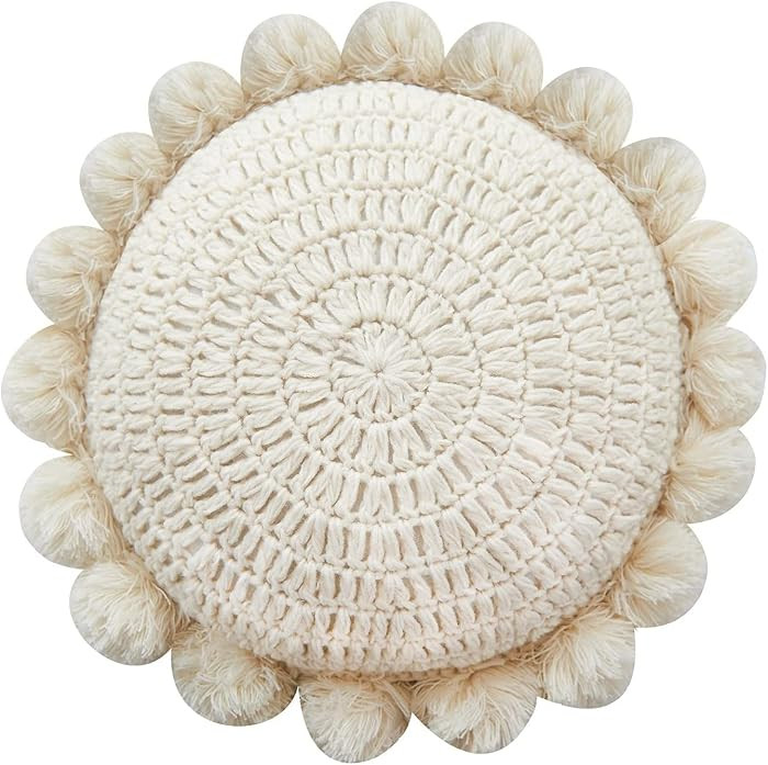 kitletsuit Boho Round Throw Pillow with Cute Handmade Pom Poms Tassels 18 Inch, Decorative Circul... | Amazon (US)
