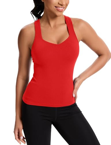 MathCat Women's Workout Tank Top with Built-in Bra, Slight V-Neck Racerback Sports Shirt, Breatha... | Amazon (US)