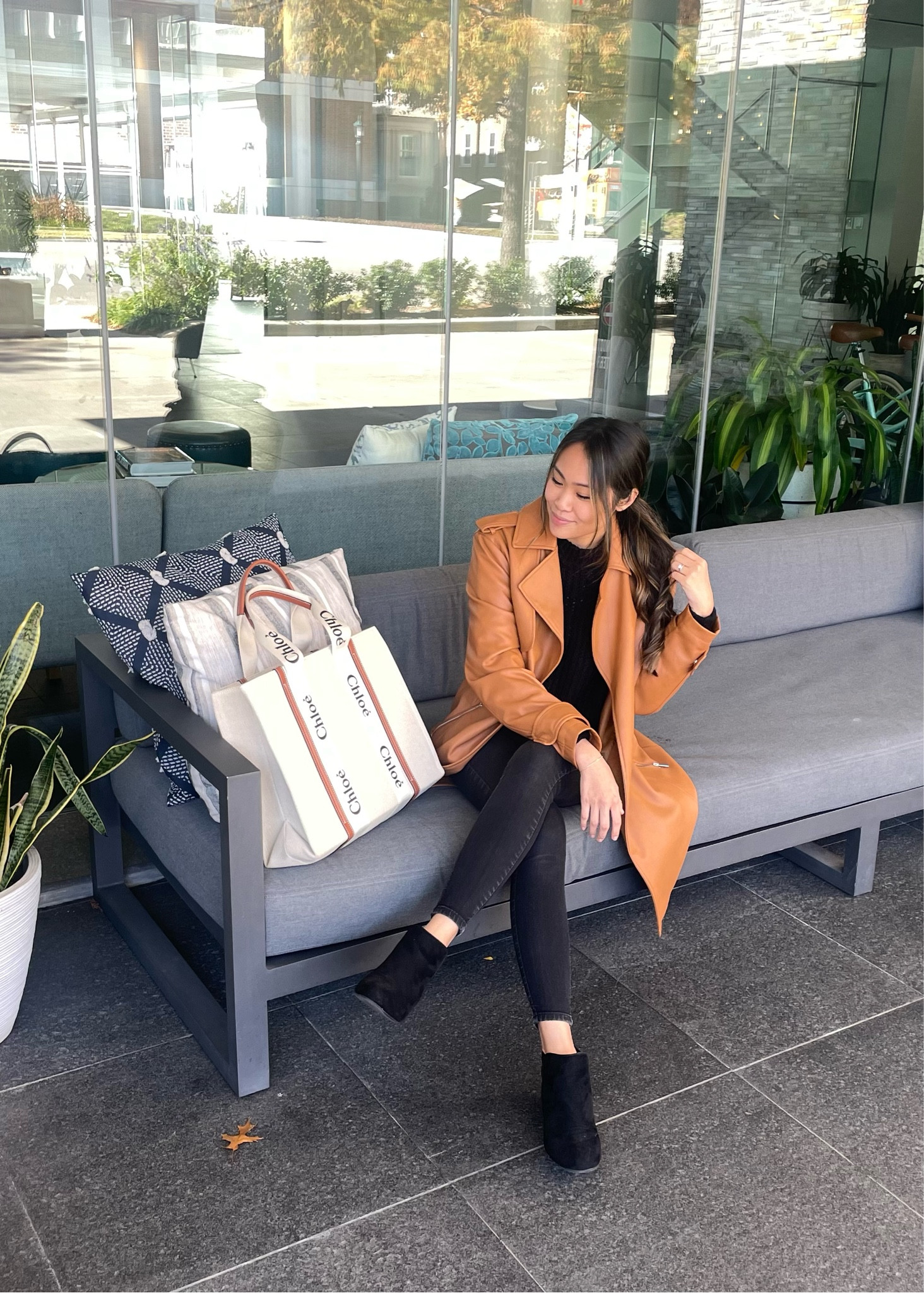 Fall/winter outfit inspo, faux leather trench coat, black outfit, monochromatic outfit, topshop jeans, skinny jeans, black ankle booties, fall boots, office outfits, work outfits, minimal style, neutral style

#LTKsalealert #LTKSeasonal #LTKstyletip