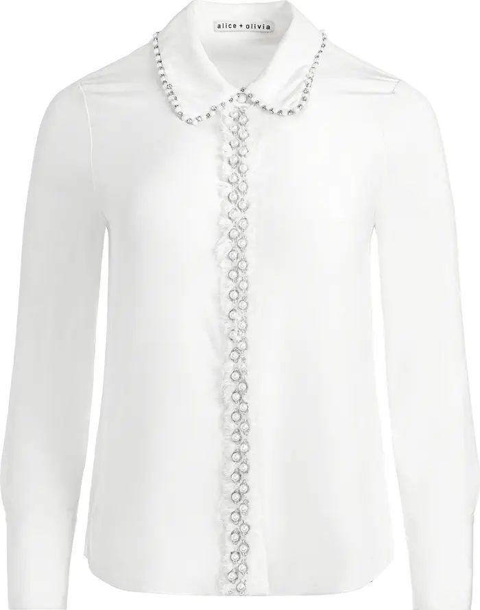 Alice + Olivia Willa Imitation Pearl Embellished Silk Button-Up Shirt | Nordstrom | Nordstrom