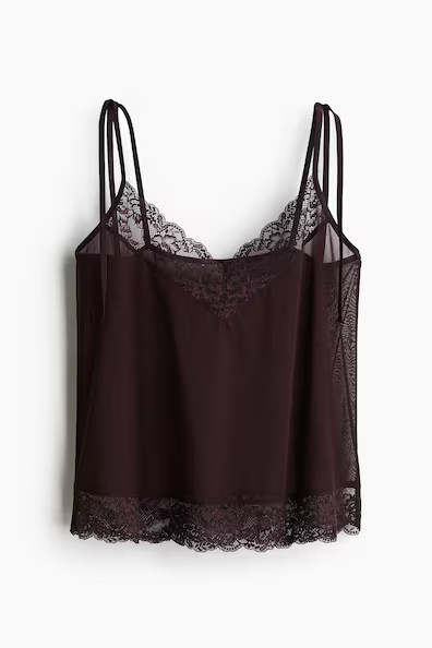 H & M - Lace Trim Tie Strap Cami - Red | H&M (AU)