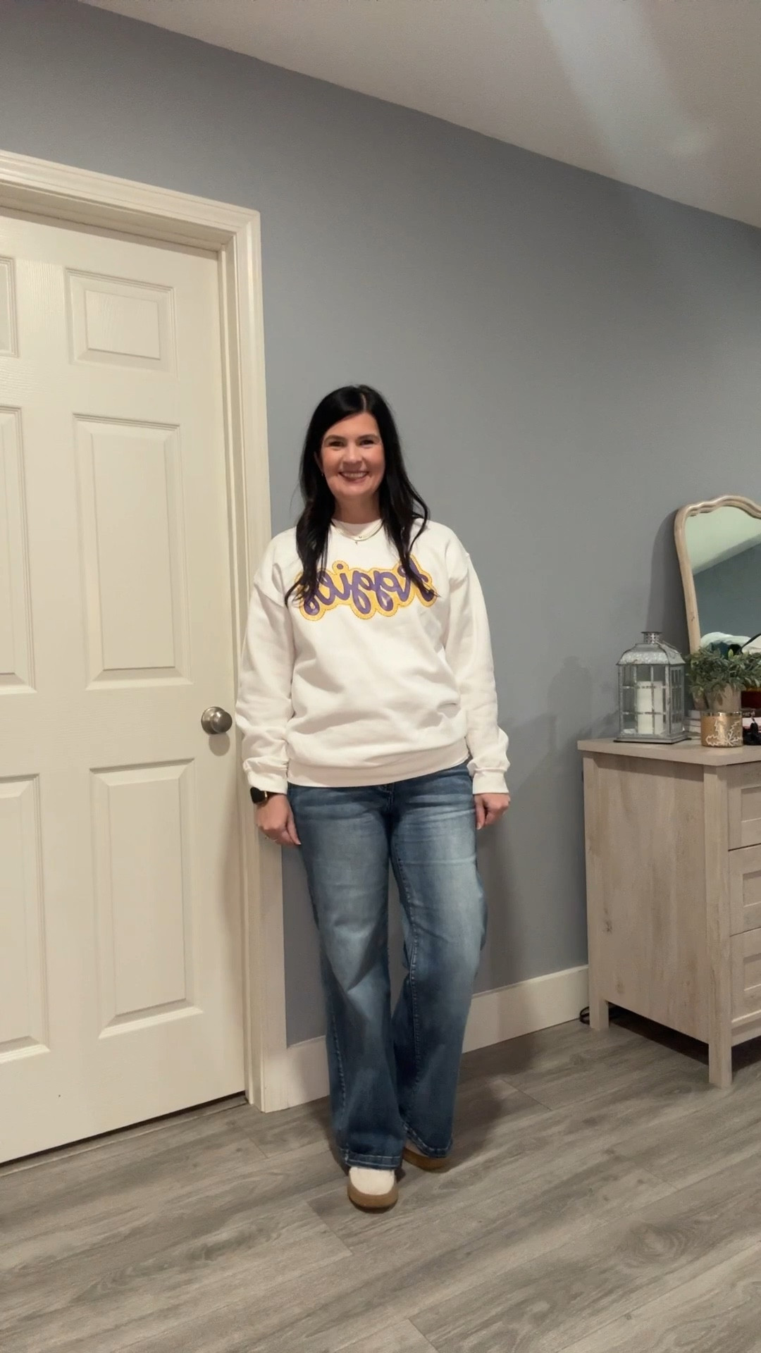 Another night cheering for our favorite ballers!!! (I’m cheering for my favorite cheerleader too) 💜💛
I’m usually sporting by my purple, but there’s something about crisp white sweatshirt! Also, I loved these jeans so much yesterday that I wore them again tonight! 

#LTKOver40 #LTKActive #LTKootd