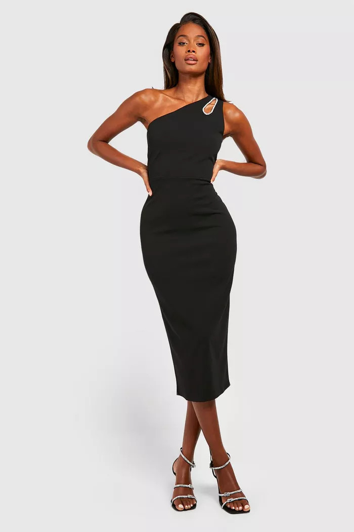 Diamante Trim One Shoulder Midi Dress | boohoo (US & Canada)