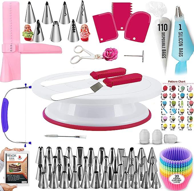 RFAQK 200PCs Cake Decorating Supplies Kit for Beginners -1 Cake Turntable with 48 Numbered Piping... | Amazon (US)
