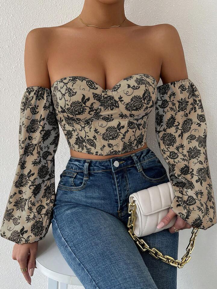 SHEIN Privé Floral Print Off Shoulder Lantern Sleeve Crop Top | SHEIN