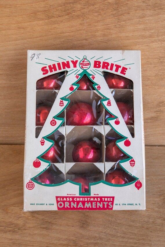 Vintage Box of One Dozen Red Round Shiny Brite Christmas Ornaments ~~ FREE SHIPPING | Etsy (US)