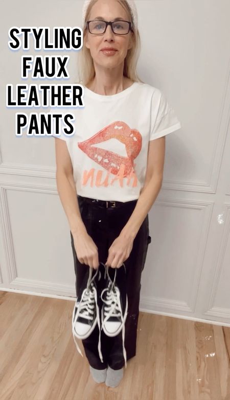 Oversized faux leather pants 🥰
Casual style: graphic tee
Jean jacket
Cute headband 
Converse high top sneakers
Cute belt
Night out:
Black mock neck top
Pretty pump heels
Chain clutch bag
Gorgeous headband 
Simple jewelry 
All linked here 


Something cute happened 
Night out
Date night
All black outfit 
Classic style
Casual outfit 
Faux leather pants 

#LTKFind #LTKstyletip #LTKsalealert